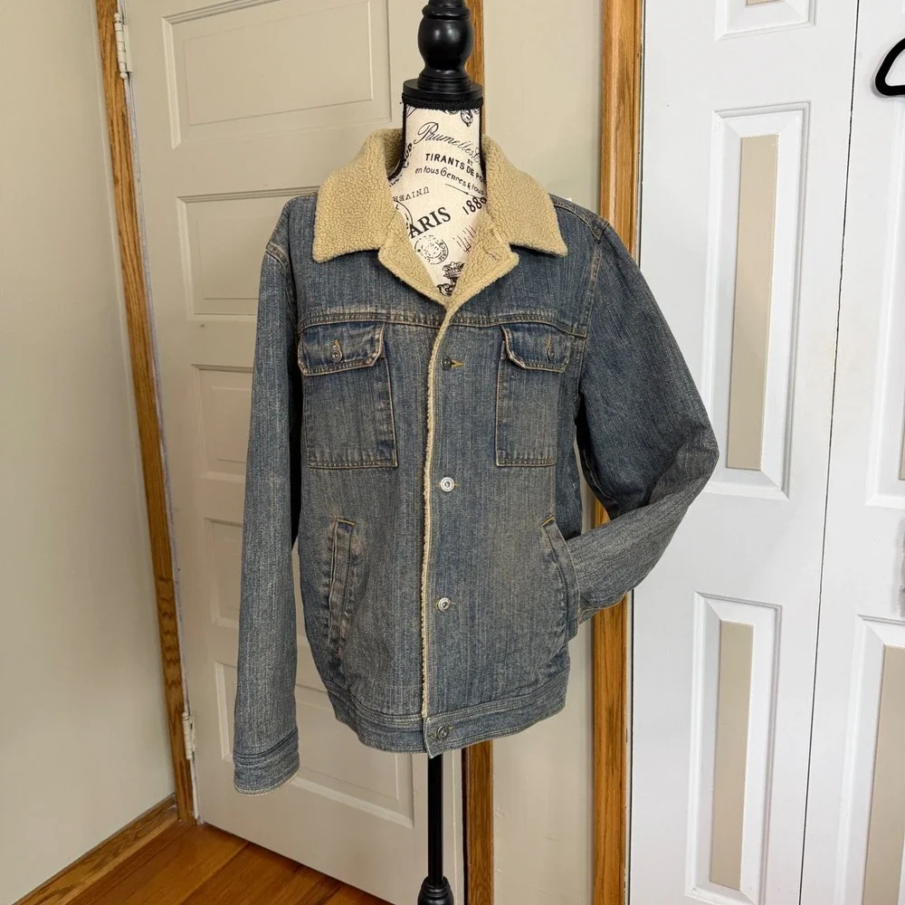 Aeropostale Medium Sherpa Collar Denim Trucker Jacket Utility Retro WEstern